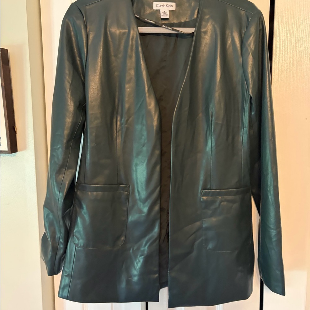 Calvin Klein Women’s Teal Faux Leather Open-Front Long Blazer